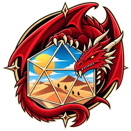Emblema de Comunidad Rolera de Iquique: dragón rojo sobre un dado de veinte caras